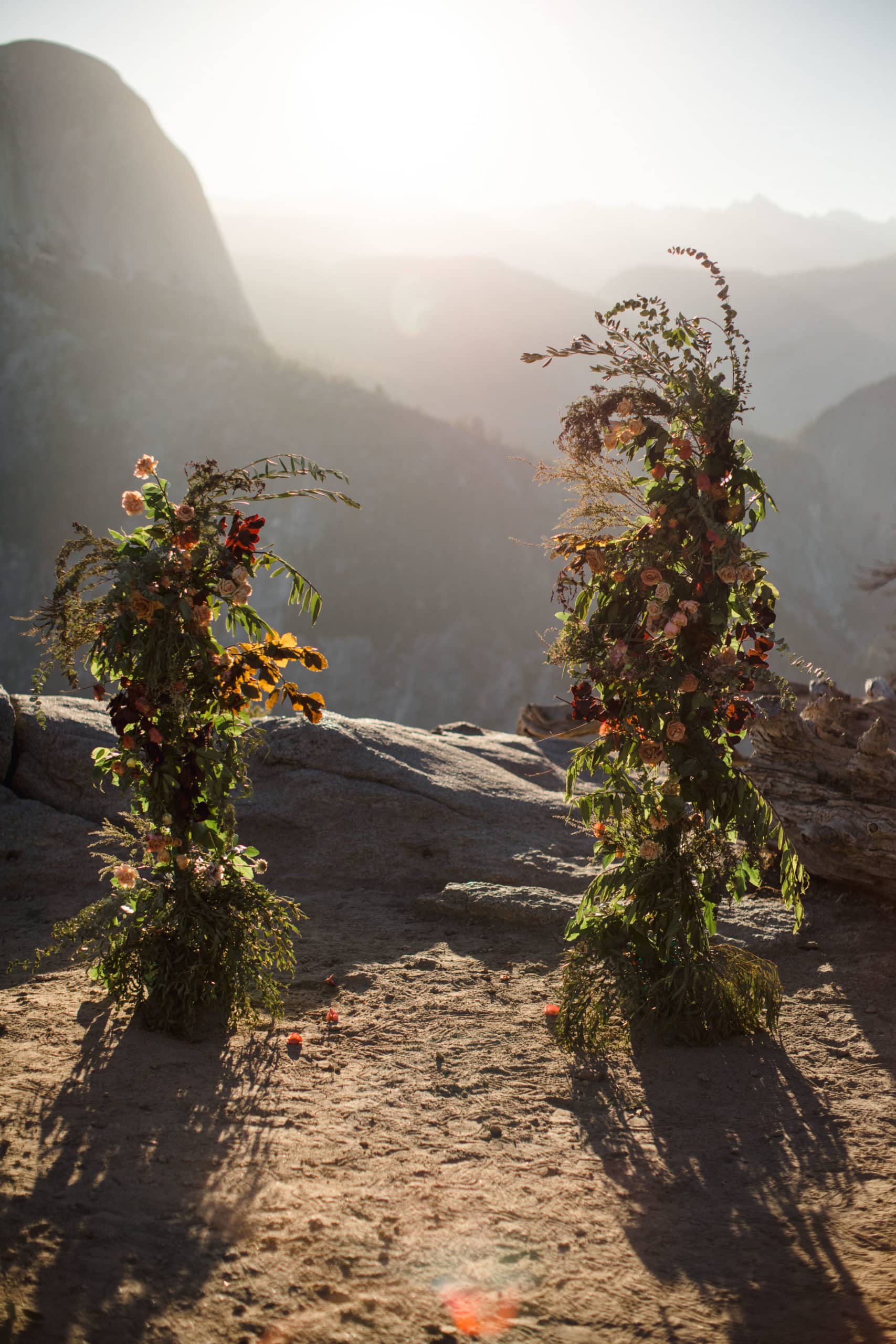 An floral arch set up for a national park elopement within yosemite.
