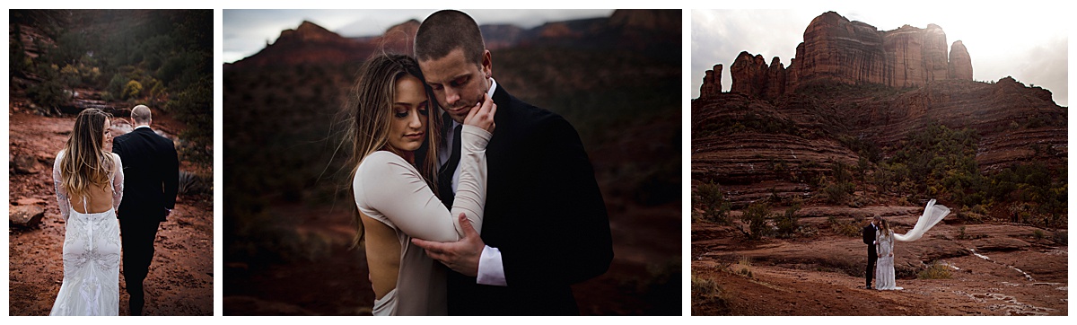 images of bride and groom with cathedral rock background at their sedona elopement