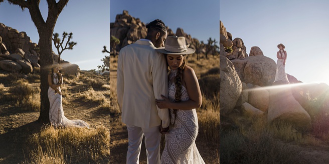 Couple in Joshua Tree for their Desert Wedding. Bride in Bohemian dress.