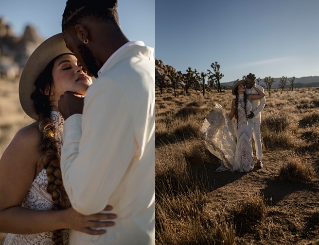 Couple embracing during their desert wedding at Joshua Tree National Park.