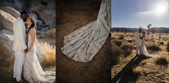 Bride in Bohemian Wedding Dress and Groom in white suit at their desert wedding in Joshua National Park