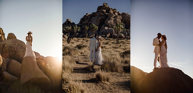 Couple getting married at their elopement in front of rock formations at Joshua Tree National Park