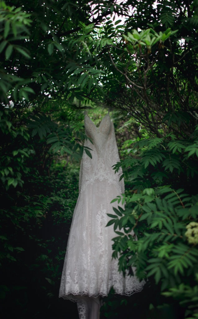 A photo of a bride's wedding dress at a luxury Asheville elopement.