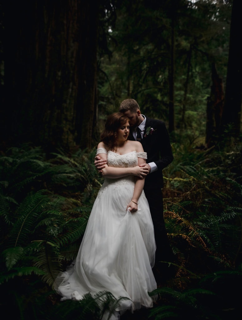 A couple in the redwoods after their wedding picture by a California elopement photographer.