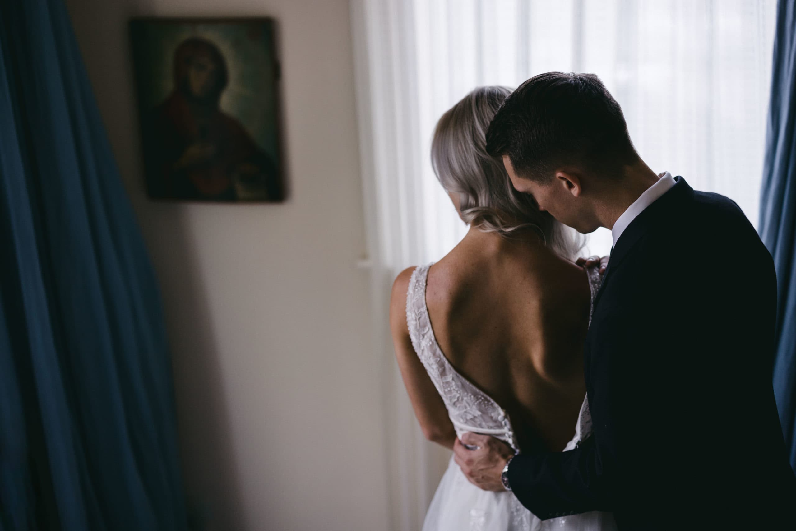 A bride and groom looking at wedding venues in New Orleans.