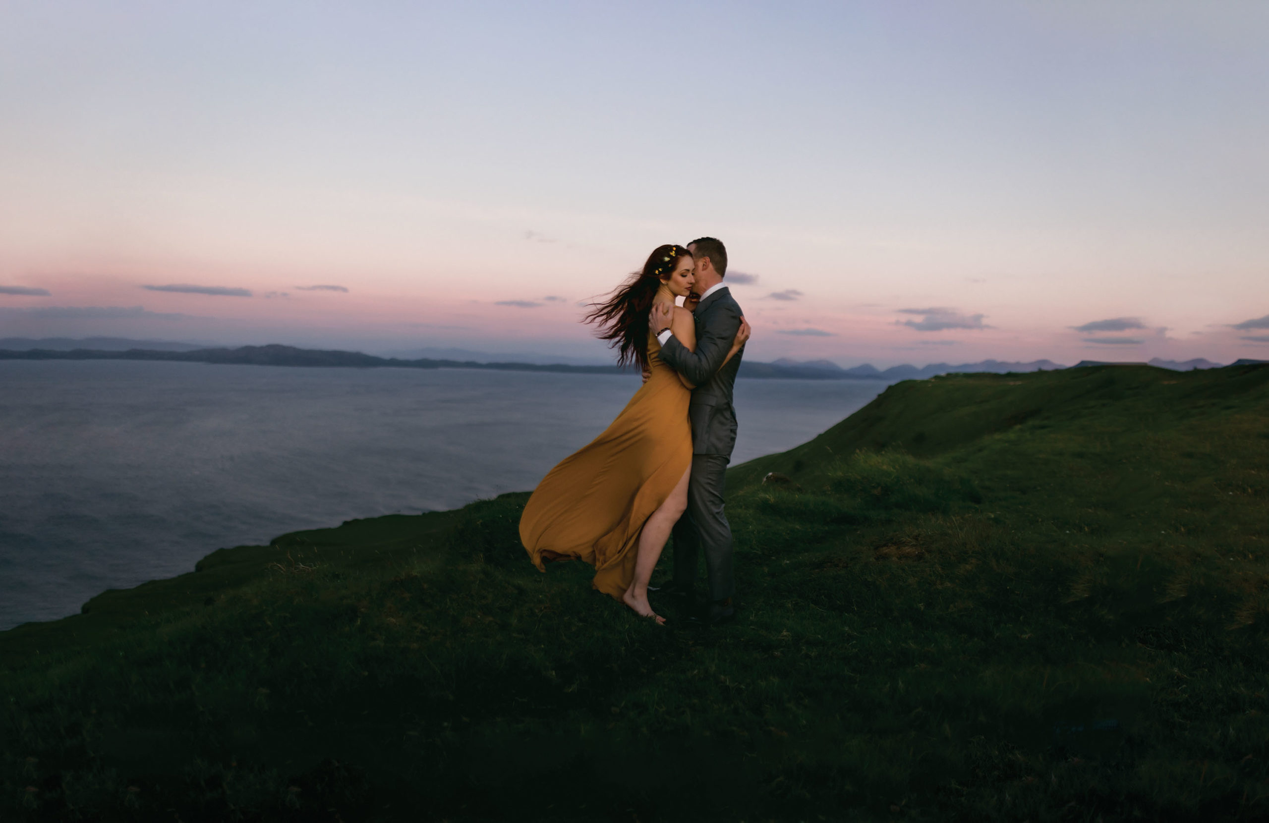 A bride and groom at their Isle of Skye wedding in Scotland.
